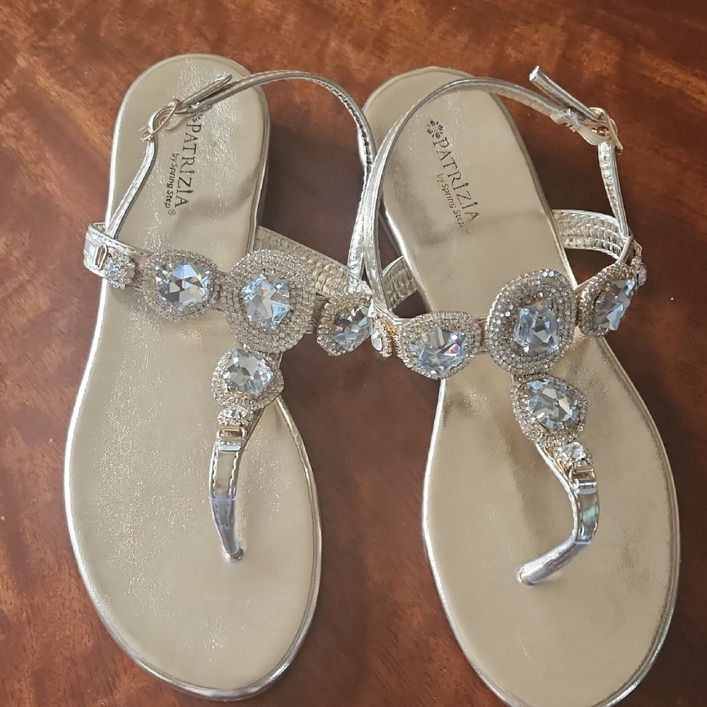 Gold Crystal Embellished Sandals with Ankle Strap
